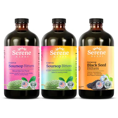 Serene Herbs Triple Power Bundle - Organic Soursop, Mixed Berry & Black Seed Bitters for Health & Diet - Premium Acv Supplement