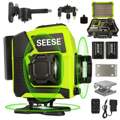 SEESE 12-Line Green Laser Level 3x360° Self-Leveling Remote Control Dual Batteries Full Accessories for Tile Cabinet Home Improvement