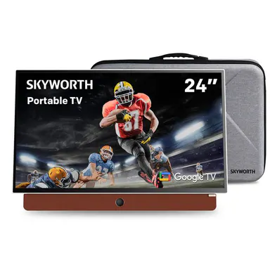 Skyworth 24 In Leather Frame Portable TV, 1080P FHD Matte Screen Google LED TV with HDR10, Dolby Sound, Bluetooth, Chromecast, Voice Control, High-Performance Battery, 12V5A Cordless, Handle Carry & Go for Travel, Camping Movie Ready,sohochic