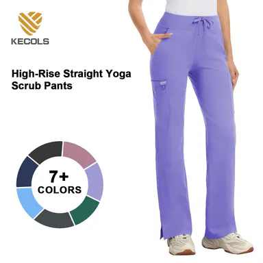 Kecols High Rise Yoga Scrub Pants Women - Straight Leg Uniform Pants with Cargo Pocket, Anti-Wrinkle & Knit Yoga Waistband 5 Pockets&4-Way Stretch Gym Workout Sportswear Gym Sportswear Bottoms