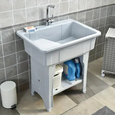 CNCEST Freestanding Laundry Sink Wash Tub with Washboard, Faucet, Storage Cabinet, 31.5\" Height Utility Sink, 154lb Capacity, Rotatable Hot-Cold Spout, 1* Drain Pipe, Lightweight Bathroom Fixture for Garage, Outdoor, home essentials