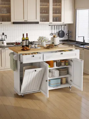 【BackToSchool】ONBRILL 60\" / 81.7\" Kitchen Island with Power Outlet & Drop Leaf, Kitchen Rolling Island with Spice Rack & Towel Rack, Knife Holder, Kitchen Island Cart with Trash Storage Cabinet, Mobile Island Table for Kitchen,dorm essentials,home decor