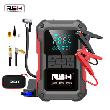 RSH 15000mAh Ultra-Safe Jump Starter – Starts all 12V battery vehicles. Features 150 PSI air compressor, 18W fast charging, tire pressure check, and LED light. Includes jumper cables, air hose, storage bag, and 4-in-1 charging cable