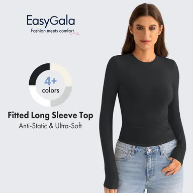 EasyGala Women's Cotton Fitted Long-Sleeve Round Neck Crop Top - Breathable, Comfortable, Slim Fit for Spring, Fall 2026 Casual, Party Outfits to Pair with Jeans,back to school,back to school shopping,#sohochic