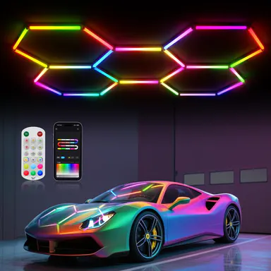 HYPERLITE RGB hexagonal light smart modular honeycomb light application, party office, garage light, LED wall decorative light, remote control, LED light, music synchronization, DIY color ceiling light Adjustable Lighting Options, BackToSchool