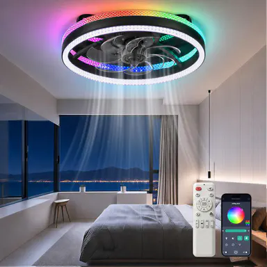 DEMILARE 19.7\" RGB Ambient Ceiling Fan with Light and Remote, Modern LED Dimmable Flush Mount Fan, App Control, 6 Speed Reversible Motor, Low Profile Fan Lights for Gaming Room Decor, Bedroom, Living Room, Kitchen,home makeover,back to school shopping