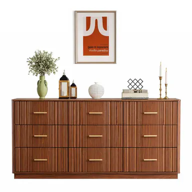 Giratree 59\" Fluted Dresser with 3/5/6/8/9 Drawers, Mid-Century Modern Wooden Chest of Drawers, Bedroom Dresser TV Stand, Storage Organizer for Living Room & Hallway