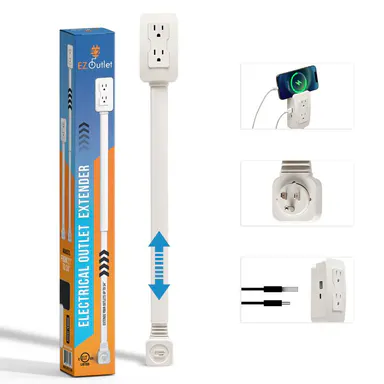EZ Outlet Electrical Outlet Extender with USB-A USB-C & 2 AC Outlets Swivel Socket 22-34\" Extension for Couches Nightstands Desks