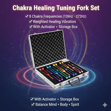 8-Piece Weighted Metal Chakra Tuning Fork Healing Tool Set - 8-Chakra Frequencies, Activator, Aluminum Storage Box, Rubber Mallet, Cleaning Cloth - For Adult Meditation, Massage - Ideal for Birthday, Graduation, Father's Day Gifts