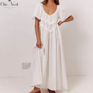 Women Long Dress, Elegant Short Sleeve Low-cut Backless Solid Loose Swing Dress