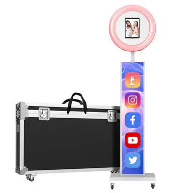 OHYEAHSPIN Portable iPad Photo Booth Accessory - App-Controlled RGB Ring Light, Adjustable Remote, Rolling Flight Case, 10.2-12.9in iPad Fit, Mobile Selfie Stand, Easy Installation, Modern Design, Cable, Free Custom Logo Stickers for Business Events