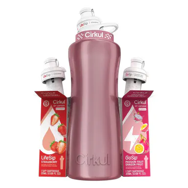 Cirkul 32oz. Rose Gold Metallic Stainless Steel Water Bottle Starter Kit with Pink Lid, 2 Flavor Cartridges (1 LifeSip Strawberry and 1 GoSip Passion Fruit Dragon Fruit), Zero Calories and No Sugar