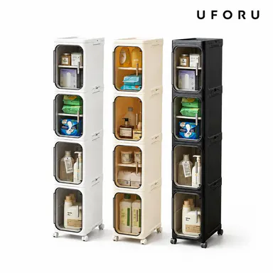 UFORU 1-4 Tier Cornerfit Slim Plastic Storage Cabinet, Home Organizer with Doors, Adjustable Shelves, Transport Wheels, Stackable & Collapsible for Small Spaces, Cupboard Use, Small Room Organization Products, Bathroom Bottles Stay Tidy, Storage Organizer