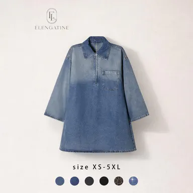 EL ELENGATINE Denim Dress for Women, Stylish Plus Size Vintage Oversized Cotton Shirt Dress with Half-Zip Collar and Long Sleeves, Garment, Polyester, Lady, Women's Clothes, Plussize, Trending Clothes, Casual Dresses