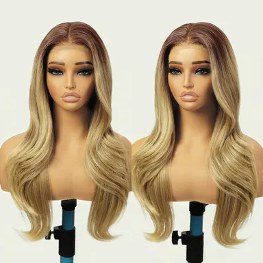 N NAYASA Women's 13*4 Lace Front Synthetic Wig, 26in Glueless Ombre Curly Wavy Blonde Layered Hair with Baby Hair & Pre-Pluck, Natural Looking Wig for Daily Use, Wedding, Work, Halloween, Concerts