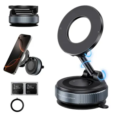 Upgraded Magnetic Cell Phone Mount - Unpowered 360° Rotatable, Adjustable, Foldable Smartphone Holder with Vacuum Suction Cup, Noiseless Phone Holder for Car, iPhone & Android