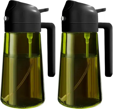 2-Count 16oz/470ml Light-Blocking Dark Green Glass 2-in-1 Oil Sprayer Dispenser, Kitchen Gadgets with Precise Nozzle for Controlled Spray, Refillable Food-Grade Mister for Air Fryer, BBQ Even Coat, Works with Olive, Avocado, Soy Sauce, Refillable To Cut W