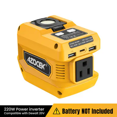 【Battery Not Included】Azocek 220W Portable Power Inverter Compatible with Dewalt 20V Battery, 400LM LED Work Light, DC 20V to AC 110V Converter — Ideal for Home Emergency Power, Outdoor Camping, Vehicle Maintenance & Job Sites