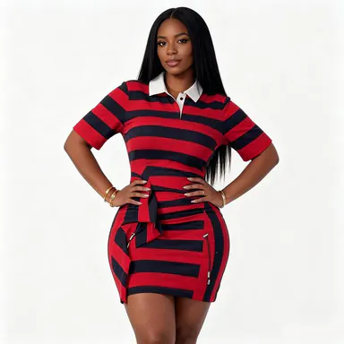 URBAN REVIVO Women's Polo Striped Cotton Blend Straight Dress, Shortsleeve Irregular Hem Elegant Style, Versatile Clothes for Women, Fabric, Fashion Apparel, Women's Clothes, Trending Clothing