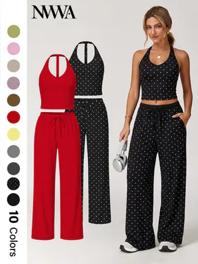 Nvwaurban Women's 2-Piece Fitted Athleisure Outfits, Summer Ribbed Fabric Set with V-Neck Strappy Open-Back Top & Wide Leg Pants, Breathable Everyday Active Lounge Wear for Gym & Travel, Sports Clothing Set for Back to School