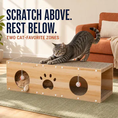 【Multi-Use】 IRONCK 39\" Cat House, 5-in-1 Durable Wood Cat Furniture with Scratcher Board, Vertical Scratcher, Ball Toy & Pre-Cut Panels, Large Play-Rest Space Kitten Bed & Playhouse for Indoor Use