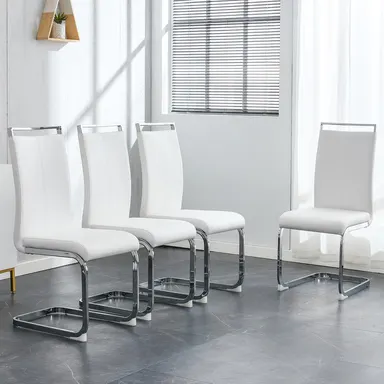 Modern Dining Chairs,PU Faux Leather High Back Upholstered Side Chair with C-shaped Tube Chrome Metal Legs for Dining Room Kitchen Vanity Patio Club Guest Office Chair (Set of 4)(White+PU Leather) Solid Wood Armchair Dressing Table Stool