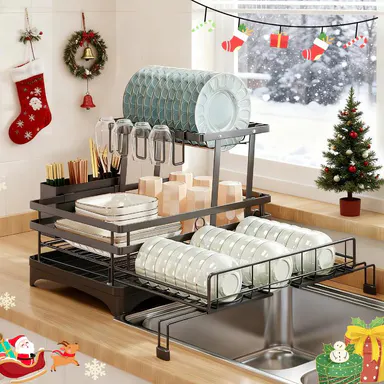 Seashark Foldable Over-Sink Countertop Dish Rack - Pull-Out 2-Tier Dish Drainer with Removable Utensil Holder, Adjustable Organiser, 360° Sink Drain for Small Kitchens, Home Goods, Apartment Stuff, Small Room Organization Products