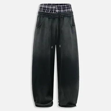 Aelfric Eden Men's Baggy Plaid Patchwork Polyester-Cotton Sweatpants - Double Waist, Washed, Loose Wide Leg, Pockets, 2000s Vintage Preppy Streetwear Clothing, Trending Unisex Casual Bottoms, Sexy Menswear Pants