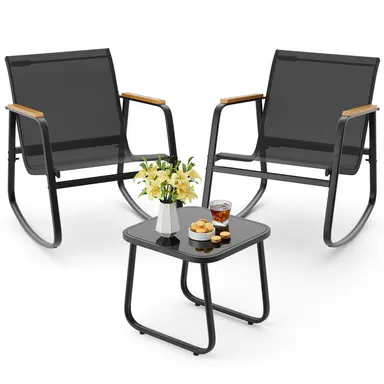GIZOON 3 Piece Rocking Bistro Set, Textilene Patio Chairs for Garden, Black | Textilene Fabric Patio Furniture Set, Front Porch Rocker Chairs with Coffee Table for Lawn, Garden, Balcony, Poolside