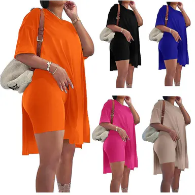 Women 2 Piece plus Outfits Lady Crewneck Short Sleeve Tunic Tops and Skinny Biker Shorts Sets Tracksuits Casual Soft comfortable Loose and flowy Womenswear Clothes Leggings Stylish Holiday party rave Outfits back to school gift
