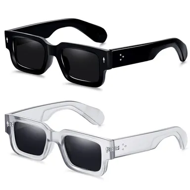 EUNOIALENS Unisex Vintage Square Sunglasses 2-Pack - Transparent Plastic Full Rim Acetate Frames, Simple Eyewear Fashion Accessories, Shades for Gifting & Everyday Wear, Unisex Square Fit Value Backups Modern Trendy Sunglasses Acetate Sunglasses