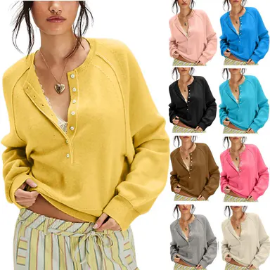 SCUSTY Womens Long Sleeve Knitting Sweater Tops Half Button Sweaters Henley Neckline Casual Lightweight Solid Pullover Knitting Comfortable Soft Womenswear SohoChic