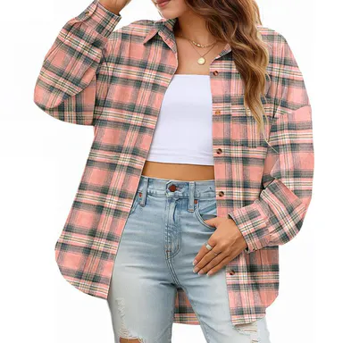 ETCYY NEW Women’s Pink Striped Plaid Flannel Shirt - Fitted Buffalo Check Button-Down Cardigan Blouse, Lady’s Longsleeves Cute Tops Clothes for Women, Dressy Casual Fall Office & Casual Wear Top, Dress Casual