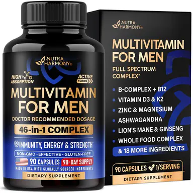 NUTRAHARMONY 46-in-1 Multivitamin Complex for Men. B-Complex, Whole Foods & Enzymes for Energy, Focus & Brain. Bioavailable & Gentle on Stomach. Made in USA. 90 Capsules