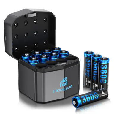 12-Pack 1.5V High Capacity Rechargeable Lithium AA Batteries with 12-Bay Charger, 3600mWh High Power Li-ion Double A Cells, Rechargeable Battery Packs with 2000+ Cycle Life, Blue, High Capacity Battery