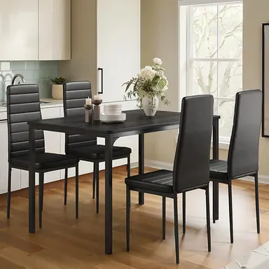 Gizoon 5-Piece Dining Table Set for 4, Kitchen Table with PU Chairs Black | Modern black 5-piece space-saving dinette set. Features H-shaped wood grain table and 4 upholstered PU leather chairs