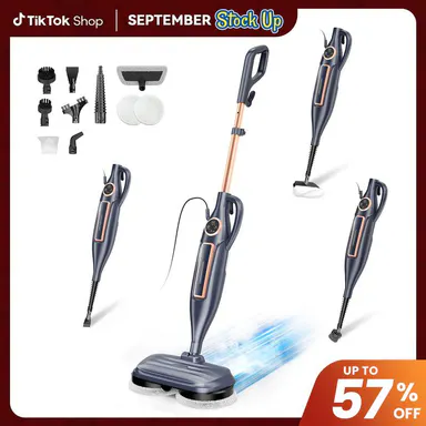 [BackToSchool] DEVOAC VM6 Electric Rotating Steam Mop - 10-in-1 Eco-Friendly Antibacterial Cleaning Supplies, 3 Adjustable Steam Levels, 5m Cord, Fast Heat-Up, Attachments for Floors, Kitchen, Tiles, Grease & Grime Remover