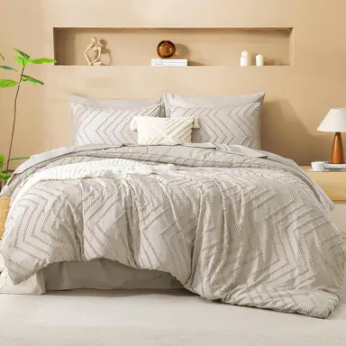 Litanika 7-Pieces Chevron Tufted Boho Bedding Set, Microfiber Comforter Set with 1 Comforter, 1 Flat Sheet, 1 Fitted Sheet 14\" Deep Pocket, 2 Pillowcases & 2 Pillow Shams,back to school,back to school shopping,home decor