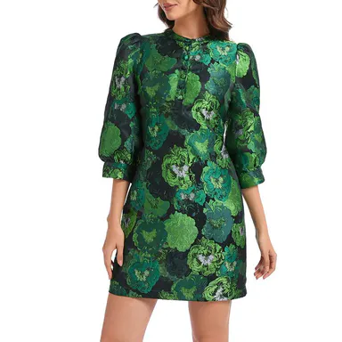 Ladyful Women's Casual Wear Crew Neck 3/4 Puff Sleeve Button-Up Elegant Business Shift Mini Dress with Jacquard Fabric Floral Print
