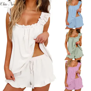 Women's Summer Lounge Set Ruffle Shoulder Strap Tank Tops Drawstring Shorts Sleepwear Sets