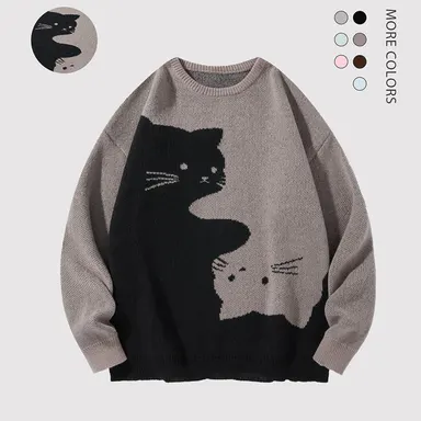 Men's Baggy Cat Print Sweater, College-Style Long Sleeve Knit Pullover for Autumn and Winter Casual Wear, Mens Gifts, Knitwear, Gifts For Boyfriend, Cartoon, Oversized, Loose, Round Neck, Polyester, Jeans, Clothes, Sweaters, Long Sleeve Tops
