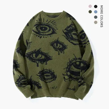 Men's Knitting Crew Neck Graphic Pullover - Simple Detailed, Full-Length, Regular Fit Polyester Streetwear, Casual Fall & Winter Daily Wear, Eye Print Top for Classic Jeans, Ideal Mens Gifts (Grey), Sohochic
