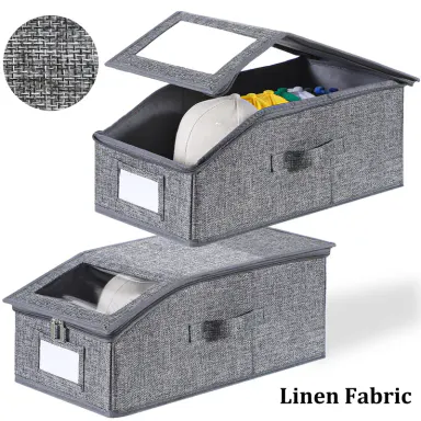 Linen Fabric Hat Storage Organizer for Baseball Caps, Holds Up to 24 Hats, Durable Cardboard, Dustproof, Transparent Window, Hat Organizer For Men, Hat Rack, Cap Holder, ADHD Organizer