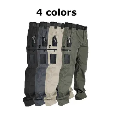 Men's 4-Pack Long Tactical Cargo Pants - Male Clothing, Utility/Military Style, Casual Fit, Mid-Waist with Elastic Waistband & Buttons, 10 Pockets, Breathable Polyester, Colorblock/Solid, All-Season, Zipper, Outdoors Work Pants for Construction Workers