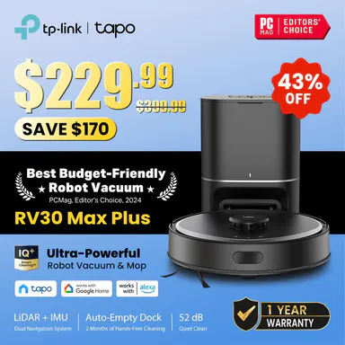 TP-Link & Tapo RV30 MAX Plus: LiDAR Robot Vacuum & Mop with Auto-Empty Dock, 5300Pa,Smart Mapping, Voice Control, 97%+ Dust Pickup, 3L Dust Bag, 2 Months Hands-Free Cleaning,dorm essentials,home essentials,back to school,back to school haul