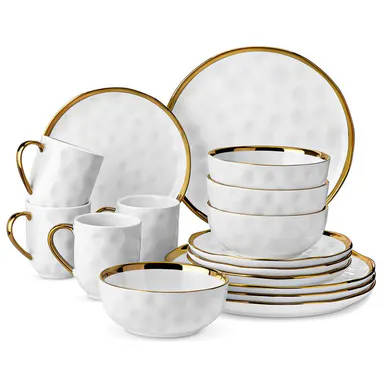 LOVECASA Ceramic 12/16 Pieces Plates and Bowls Sets, Porcelain White and Gold Dinnerware Sets, Round Dinner Plates Dishes Set Service for 4, Dishwasher Safe and Scratch Resistant, White