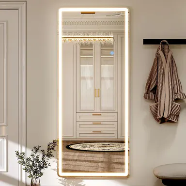 71\"x26\" Right Angles LED Full Length Mirror – Lighted Dimmable Floor Mirror with Stand & Wall Mount, 3-Color Modes, Full Body Mirror for Bedroom, Dressing Room, Cloakroom