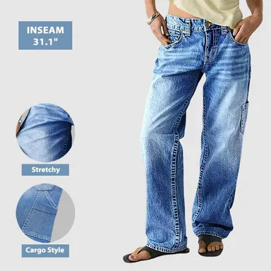 Flamingals Wash Multi Pocket Mid Rise Straight Leg Jeans Women's Fashion Casual Comfort