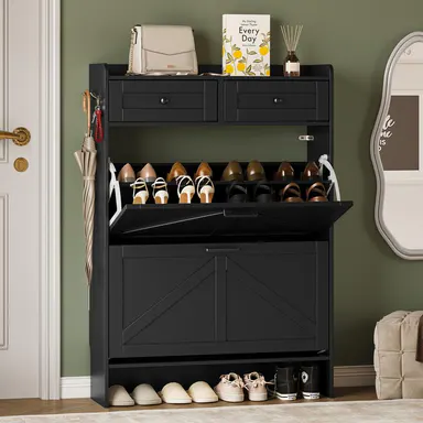 Farmhouse Narrow Shoe Storage Cabinet - black-9.25d x 29.92w x 42.72h, 2 Flip Drawers, Top Drawer, Adjustable Shelves, Hooks, Freestanding Hidden Rack, Home Decor, Household Items, Apartment Stuff, Organizer Storage for Entryway