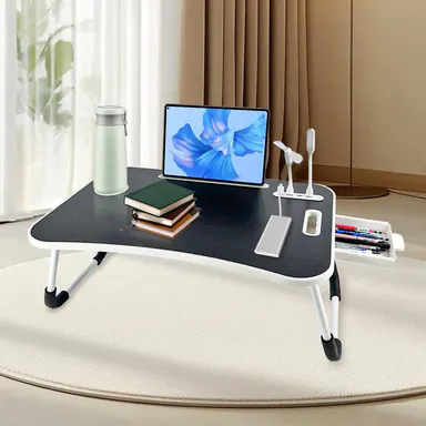 Foldable Laptop Desk - Large Size Wooden Folding Tray Table with Cup Holder, Drawer, USB Fan, Light, Adjustable Tiltable Tabletop for Comfortable Viewing Angles, Sturdy Portable Space-Saving Design, Ideal for Students, Bedroom Daily Use